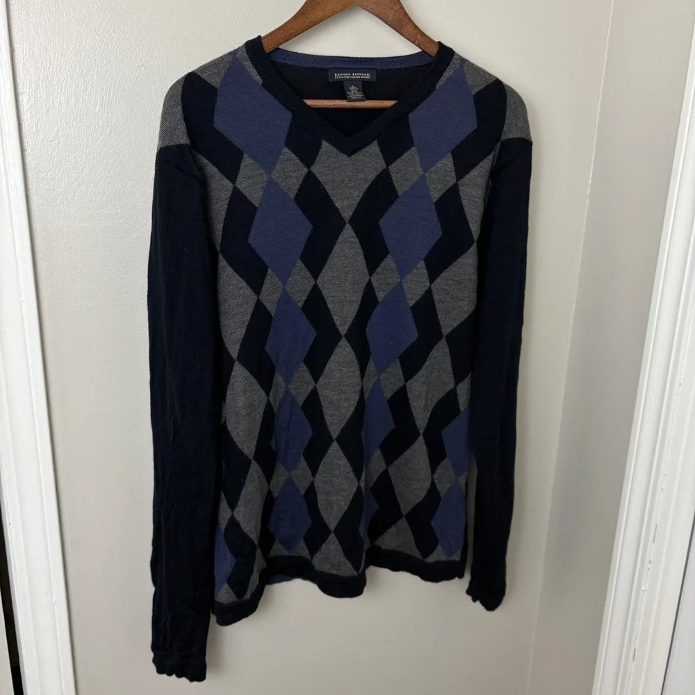 Banana Republic Sweater Men's M/L Extra Fine Merino Wool Blue Argyle Y2K Vintage